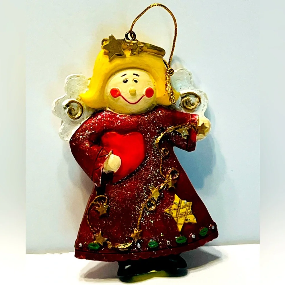 Festive Angel Ornaments 5 Inches Tall with Red Dresses Lot of Two